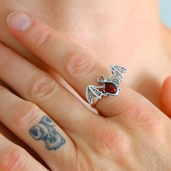 Baltic Amber Bat Ring in 925 Sterling Silver - Cherry Amber Adjustable Size - Picture 1 of 6